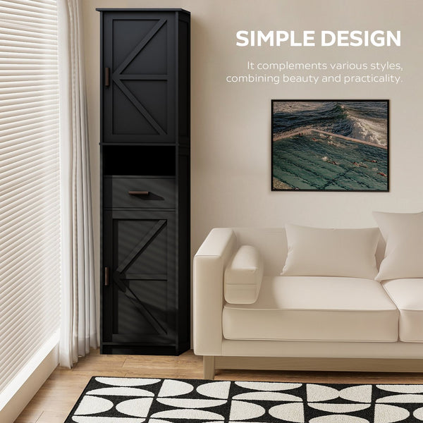 English Elm 69" Tall Bathroom Storage Cabinet with Barn Doors and Drawer, Slim 7-Shelf Floor Unit for Small Spaces Black W3457P336684