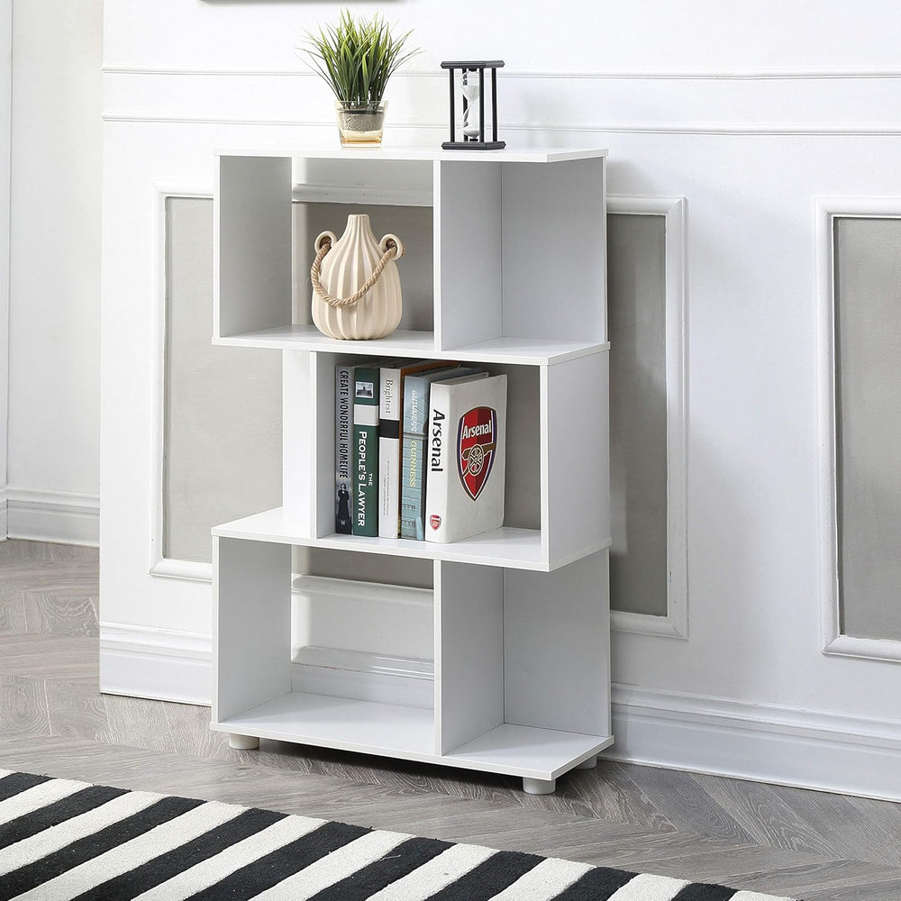 English Elm Modern Staggered 3-Shelf Manor Bookcase White — Sleek Storage for Books, Electronics, Decor, Easy Assembly, Versatile Style B347P339067