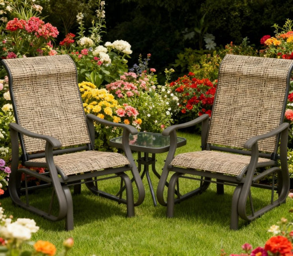 English Elm Gliding Patio Bistro Set Powder Coated Steel Mesh Chairs Tempered Glass Table T3971P420473