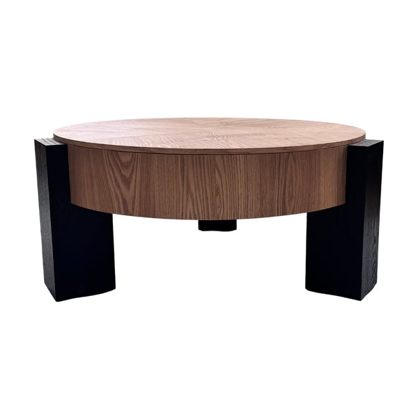 English Elm 33'' Round Coffee Table Parquet Veneer Flip Top Hidden Storage Wabi-sabi Living Room Walnut+Black W1435P419321