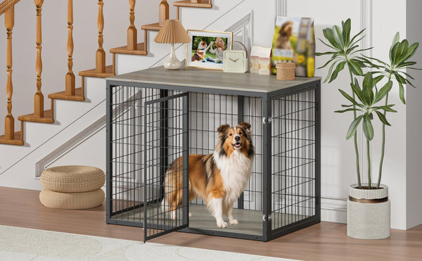 English Elm 47'' Furniture Style Dog Crate with 3 Doors Large Breed Cabinet Side Table Grey W1820P356886