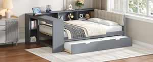English Elm Wood Twin Platform Bed Linen Headboard Storage Shelves Trundle Charging Station Gray N709P004024E