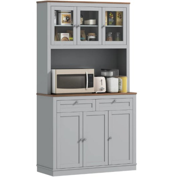 English Elm Convenient Floor to Ceiling Pantry Cabinet with Glass Doors Drawers and Microwave Stand T3971P428059