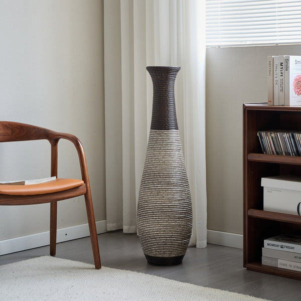 English Elm 39-Inch Tall Standing Designer Floor Vase with Brushed Gold Accents, Durable PVC Rattan Texture, Elegant Home Accent Black+ Gray W2796P193948