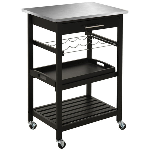 English Elm HOMCOM Kitchen Island Cart with Stainless Steel Top, Wine Rack, Drawer & Rolling Wheels for Easy Storage and Serving Black W2225P229351
