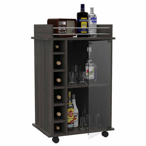English Elm Bar Bar Cart Glass Door Cabinet with Two Shelves, Six Bottle Cubbies, Locking Casters, Rail Top Brown 31.49 L x 20.86 W x 6.69 H B097133028