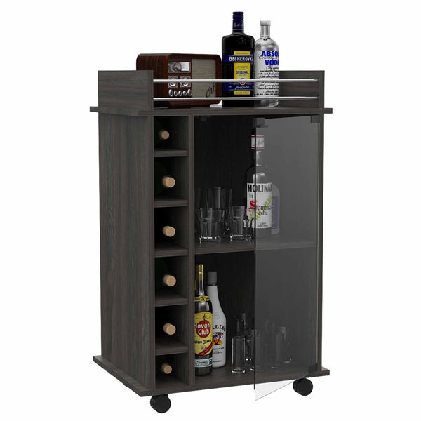 English Elm Bar Bar Cart Glass Door Cabinet with Two Shelves, Six Bottle Cubbies, Locking Casters, Rail Top Brown 31.49 L x 20.86 W x 6.69 H B097133028