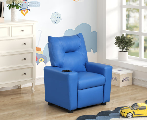 English Elm Perline Kids PVC Recliner Chair with Built-In Cupholder, Easy-Clean Luxury Seat for Children Blue B061P236760