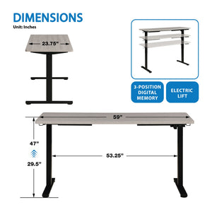 OSP Home Furnishings 59"w Sit to Stand Electric Desk with Memory Presets Steel Base and Built-in Storage Hook PMO6024B-LG