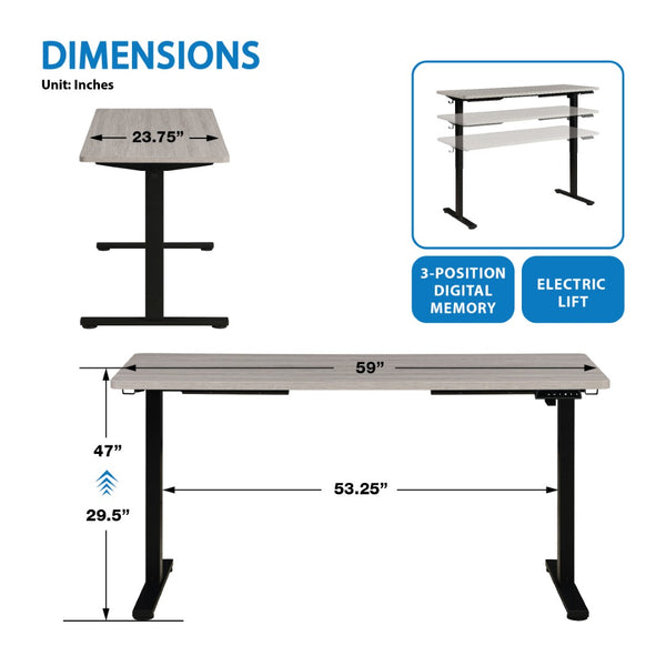 OSP Home Furnishings 59"w Sit to Stand Electric Desk with Memory Presets Steel Base and Built-in Storage Hook PMO6024B-LG