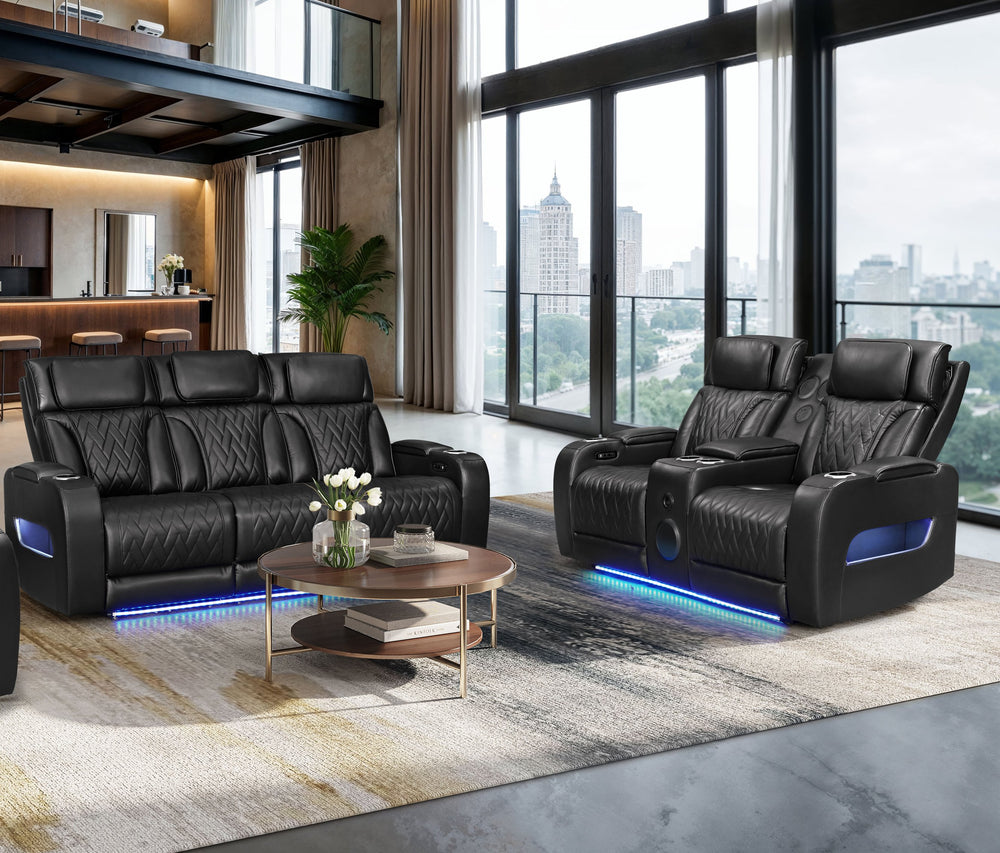 English Elm Jazz Power Reclining Sofa & Loveseat Set With Bluetooth Speakers, Led Lights, Usb Ports & Storage B061S00926