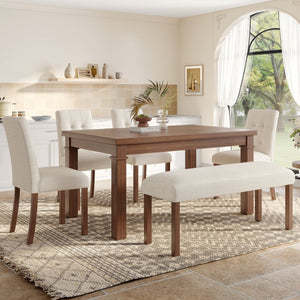 English Elm 6-piece Rectangular Dining Set with Wood Grain Table Four Upholstered Chairs and Bench Walnut N752S000012D