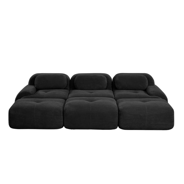 English Elm Three-seat Modular Corduroy Sectional Sofa with Ottomans for Living and Media Rooms Black W714S01278