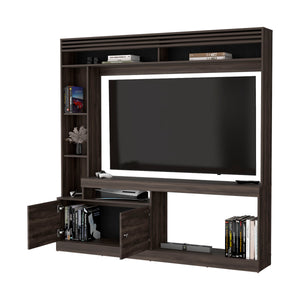 English Elm Rock House Entertainment Console with Two Doors, Open Shelves & Stained Walnut Finish for TVs B128S00044