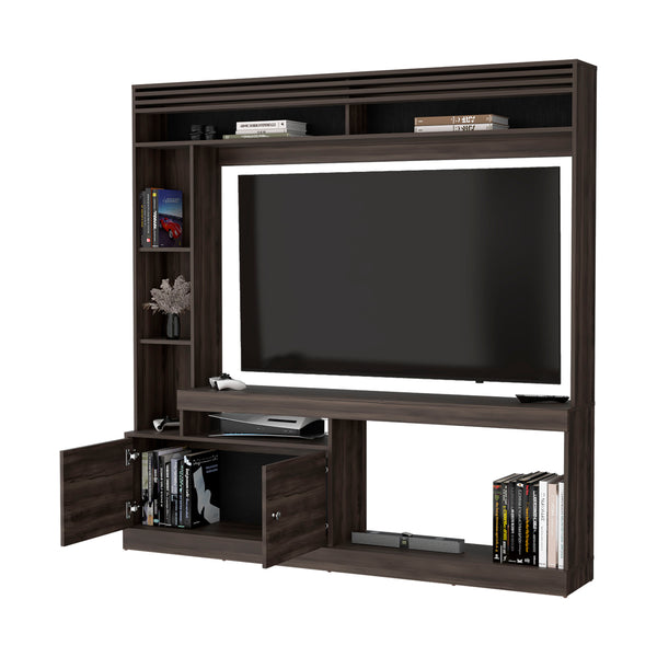 English Elm Rock House Entertainment Console with Two Doors, Open Shelves & Stained Walnut Finish for TVs B128S00044