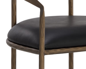 Sunpan Zanatta Dining Armchair – Handcrafted Antique Brass Frame with Unique Hammered Metal Detailing Charcoal Black Leather