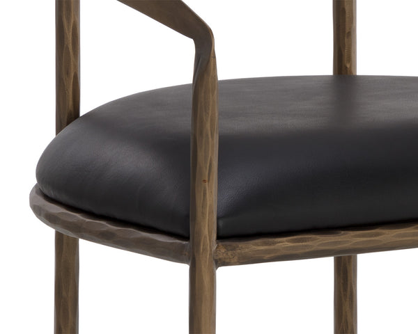 Sunpan Zanatta Dining Armchair – Handcrafted Antique Brass Frame with Unique Hammered Metal Detailing Charcoal Black Leather