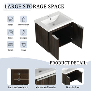 English Elm 24 Inch Silver-Brown Stripe Wall-Mounted Vanity with Resin Sink, Soft-Close Doors & Ample Storage W999P204936