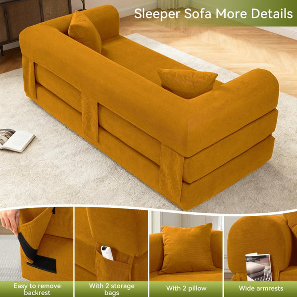 English Elm Convertible Corduroy Sleeper Sofa Queen Fold Out Bed with Dual Storage Pockets Yellow W3396P483182