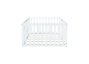 English Elm Twin House Frame Floor Bed Rubberwood with Roof Canopy and Safety Rails for Kids White W504P429530