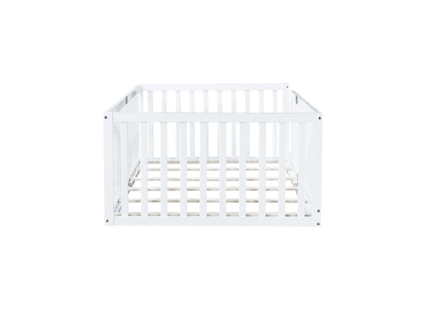 English Elm Twin House Frame Floor Bed Rubberwood with Roof Canopy and Safety Rails for Kids White W504P429530