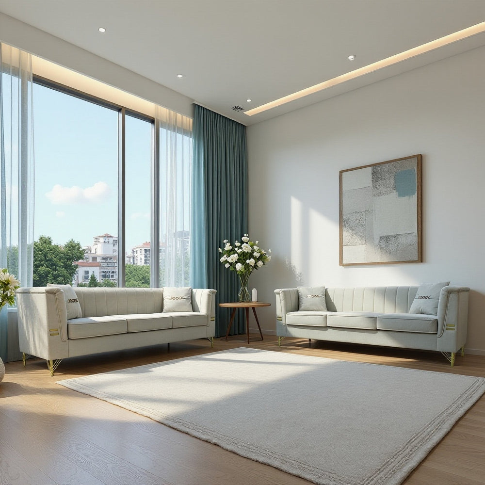 English Elm FX-P82-2PC Velvet Sofa Set of 2 — Plush Tufted 3-Seater Couches with Gold Metal Legs for Stylish Homes Beige W576S00240