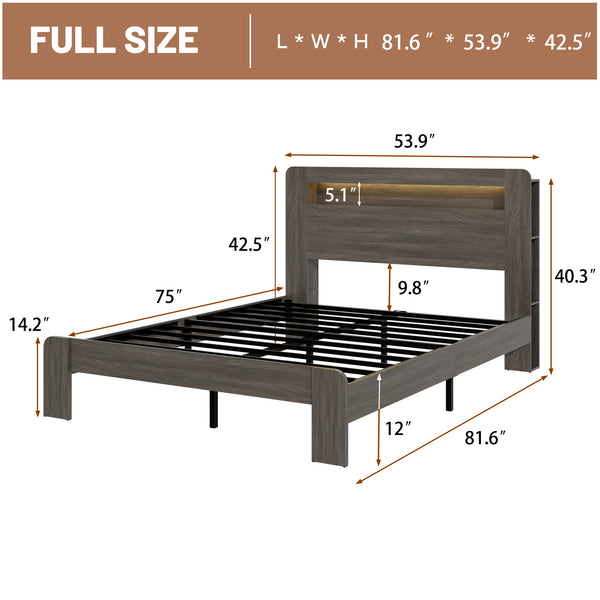 English Elm Bed Frame Full Size Platform with LED Headboard, USB Charging, Underbed Storage, Sturdy Wood Slats Dawn Grey W636P400543