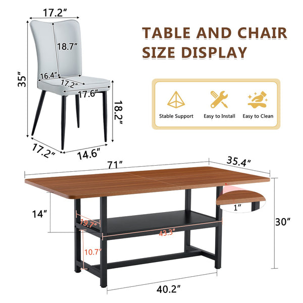 English Elm Table And Chair Set - 71" Walnut Grain Dining Table With 6 Light Gray Pu Chairs For Modern Spaces W1151S04284-GIGA