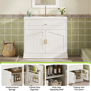 English Elm 36" Luxurious Bathroom Vanity with Ceramic Sink and Soft-Close Doors, Solid Wood Frame, Adjustable Shelves White N710P288944K