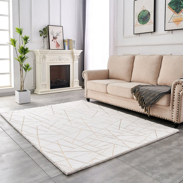 English Elm Luxury Plush Machine Washable White Abstract Gold-Gilded Faux Fur Area Rug For Stylish Spaces B030P233683