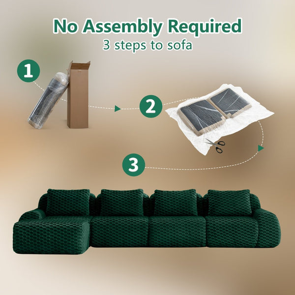 English Elm 146" Modular L-shaped Sectional Flannelette Sofa with Ottoman Tool-free Living Room Setup Green W714S01529