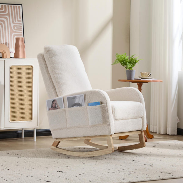 English Elm Modern Upholstered Glider Rocker with Teddy Fabric High Back and Rubberwood Base White W3723P409074