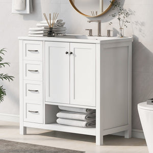 English Elm 36" Bathroom Vanity With Sink Top, Bathroom Vanity Cabinet With Two Doors and Two Drawers, Solid Wood, Open Shelf, Mdf Boards, One Package, White