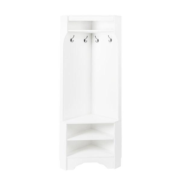 English Elm Minimalist White Corner Hall Tree with Bench Shoe Storage and Four Entryway Hooks N721P401788K