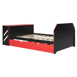English Elm Full Size Wood Daybed with Twin Trundle Desk and Usb Charging for Teen Rooms Red LT000262AAR
