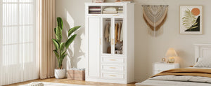 English Elm 3 Door Wardrobe Armoire Closet with LED Lighting, 4-Door Style, 3 Drawers, White Gold Accents, Spacious Storage N7090001843K