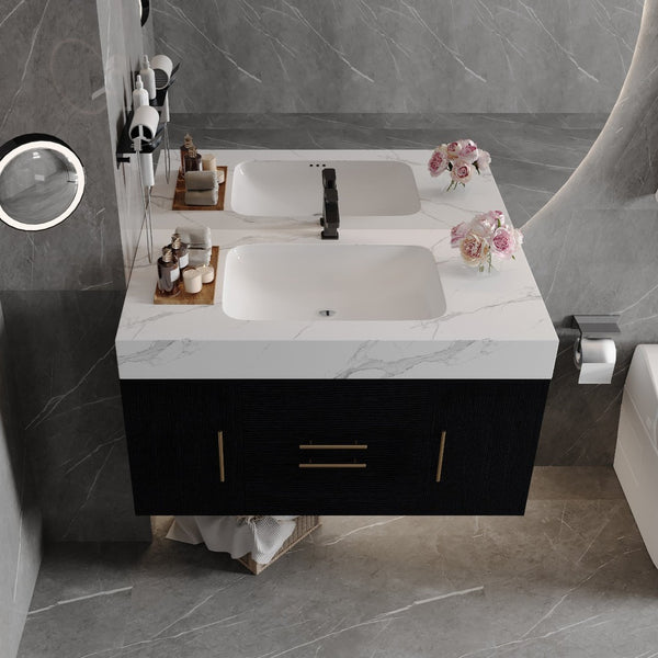 English Elm 39.4 Inch Floating Bathroom Vanity Sintered Stone Top Solid Wood 2 Soft Close Drawers W3136S00081