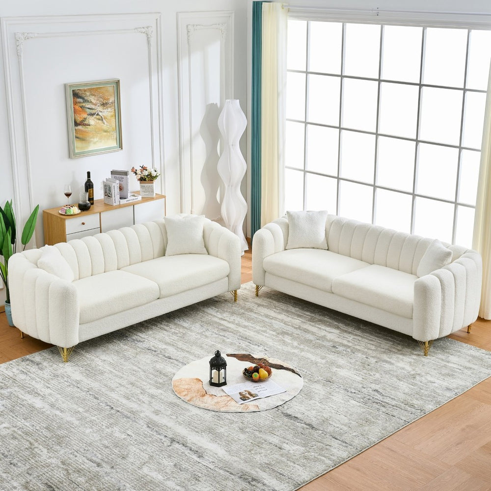 English Elm Oversized Chenille Three Seat Tufted Sofa with Gold Legs for Glam Living Rooms W3373S00075