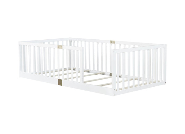 English Elm Twin Floor Bed Solid Rubber Wood with Tall Safety Railings for Toddler Sleep White W504P287643