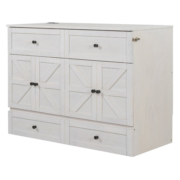 English Elm Full Size Murphy Bed Rattan Cabinet with Storage Drawers and Gold Hardware N708S00005AAK