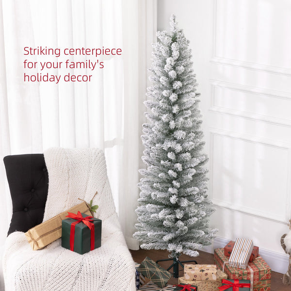 English Elm Homcom 5Ft Snow Flocked Pencil Christmas Tree With 263 Tips, Easy Assembly & Metal Base For Small Spaces W2225P229176