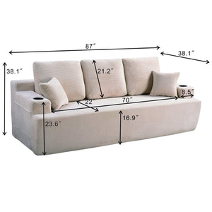 English Elm 87 Inch Plush Corduroy Three Seat Sofa with Deep Cushions Cup Holders Storage Pockets Camel W5515P444479