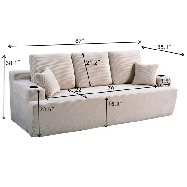 English Elm 87 Inch Plush Corduroy Three Seat Sofa with Deep Cushions Cup Holders Storage Pockets Camel W5515P444479