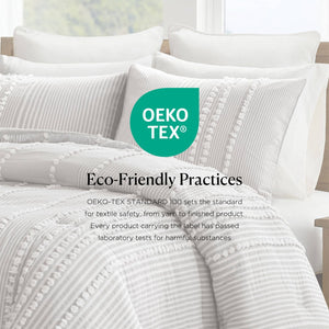 English Elm 3-piece Cotton Yarn Dyed Comforter Set Jacquard Pompom Stripe Coastal Bedroom Grey B035P482890