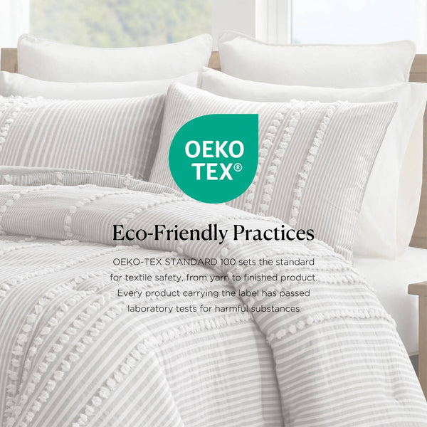 English Elm 3-piece Cotton Yarn Dyed Comforter Set Jacquard Pompom Stripe Coastal Bedroom Grey B035P482890
