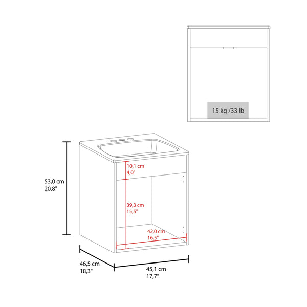 English Elm Bathroom Vanity Meka 45 Wall-Mounted White MDF with Two Drawers & Open Shelf for Compact Baths B070P316859