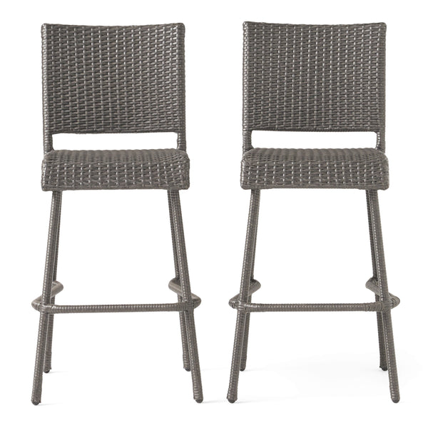 English Elm Christopher Knight Home® - 29" Outdoor PE Rattan Armless Barstools Set of 2 – Durable Woven Patio Seating with Curved Comfort Footrest Grey 59265.00GRY