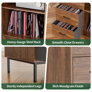 English Elm Record Player Stand with Flip-Down Lid, Built-In Power & USB, Dust-Protecting Turntable Console for 300+ Vinyls Brown W2735P332344