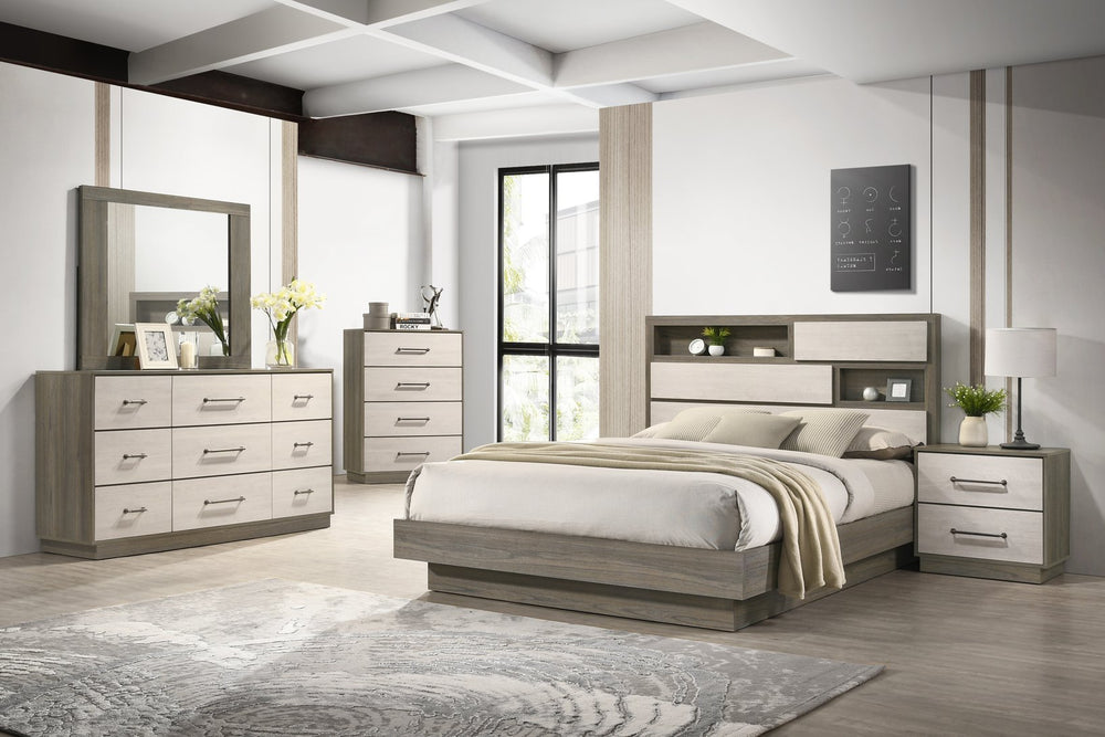 English Elm Gem Full Platform Bed with Two-Tone Headboard, Built-In Storage Shelves, Solid & Engineered Wood Finish B009S01512