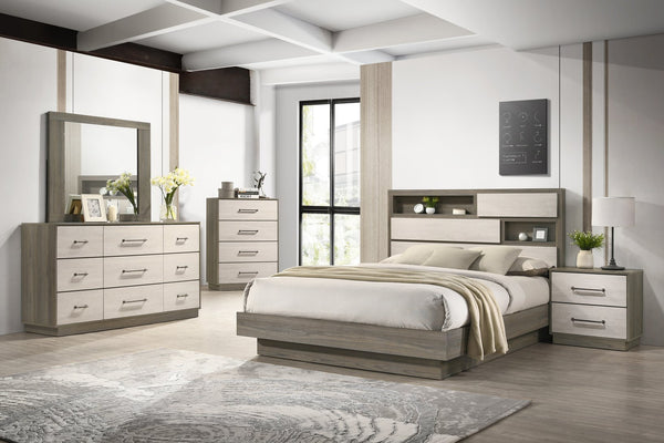 English Elm Gem Modern Platform Queen Bed In Two-Tone Beige & Brown With Headboard Storage For Stylish Spaces B009S01432